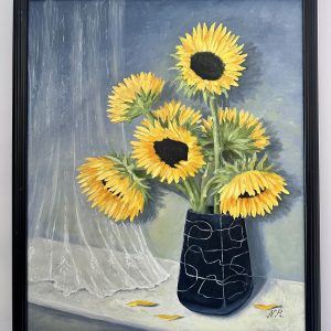 "Sunflowers in a Black Vase" Oil Painting
