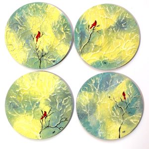 Customizable Hand-painted wooden coasters with Red Cardinal (set of 4)