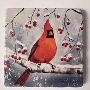 Stone Coaster with Cardinal on Birch Branch