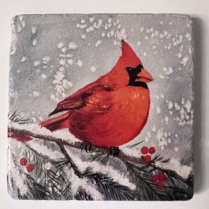 Stone Coaster with Cardinal on Fir Branch