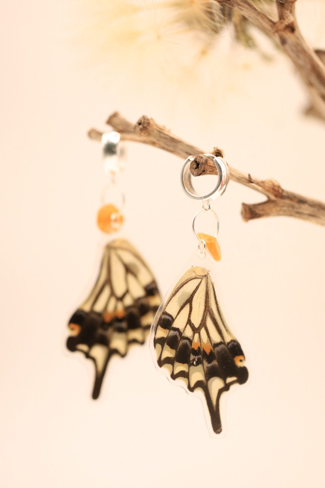 Earrings "Cream & Honey" - Handmade Sterling Silver, real Gemstone and Butterfly Wings - Image 4