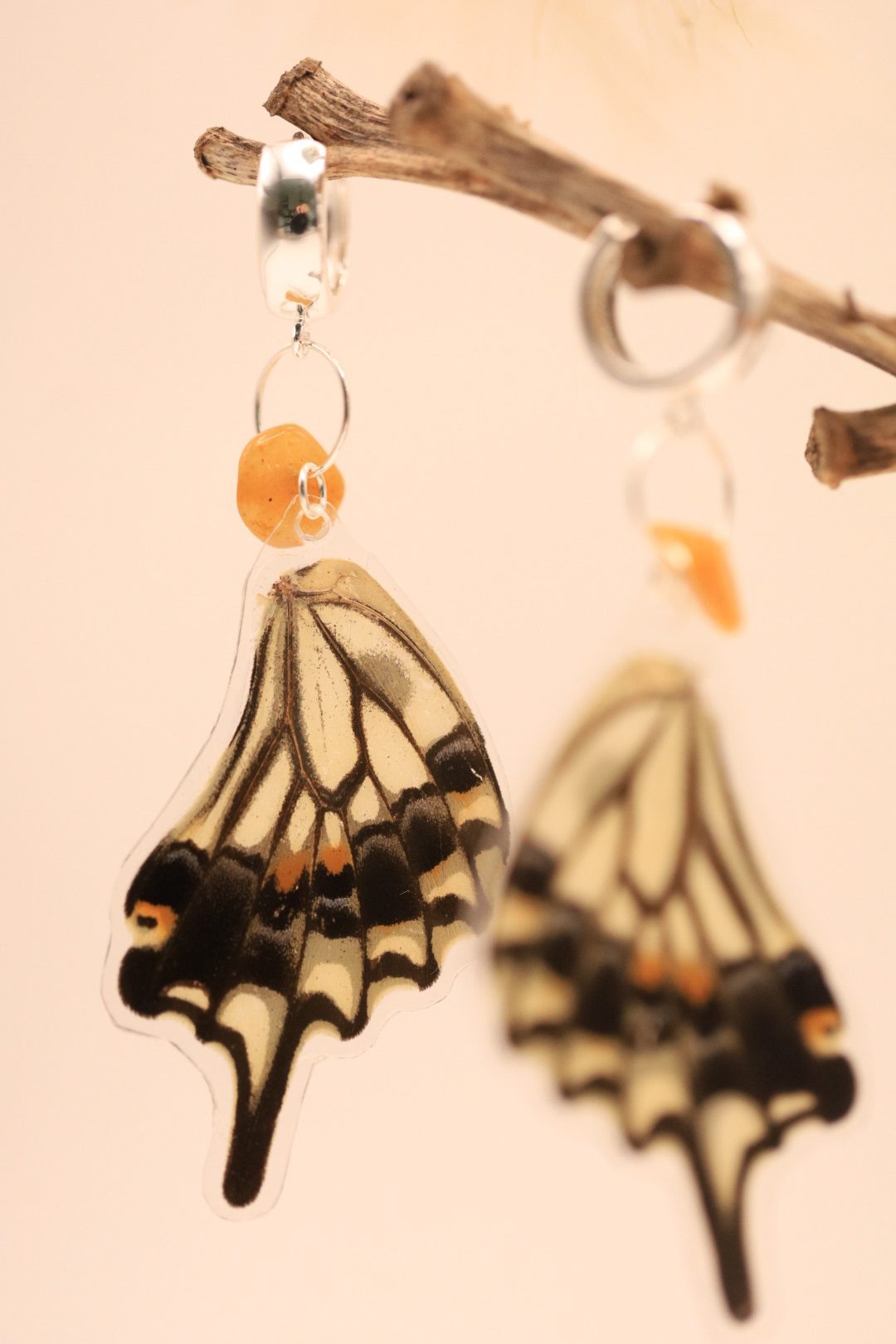Earrings "Cream & Honey" - Handmade Sterling Silver, real Gemstone and Butterfly Wings - Image 6