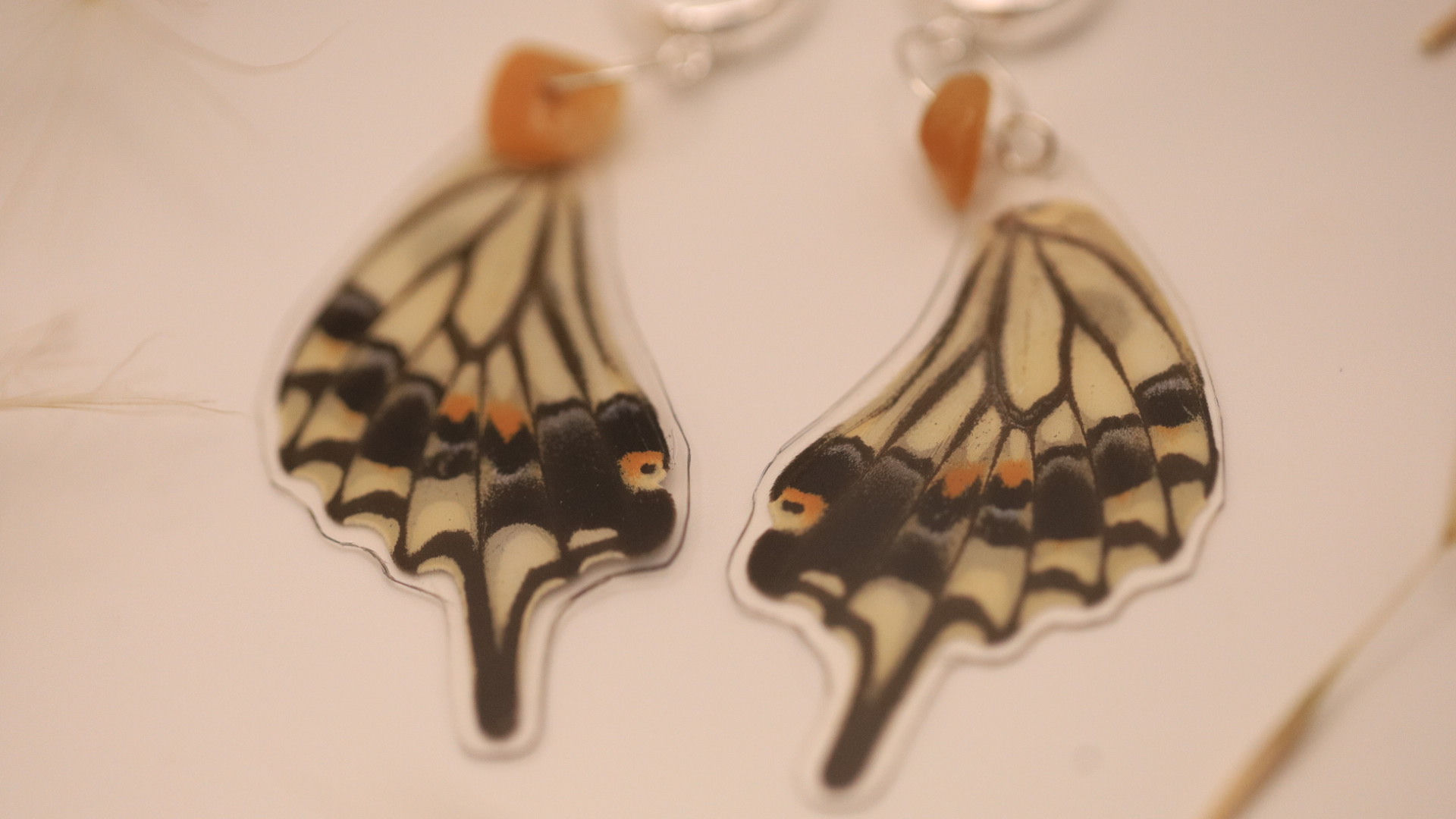 Earrings "Cream & Honey" - Handmade Sterling Silver, real Gemstone and Butterfly Wings - Image 3