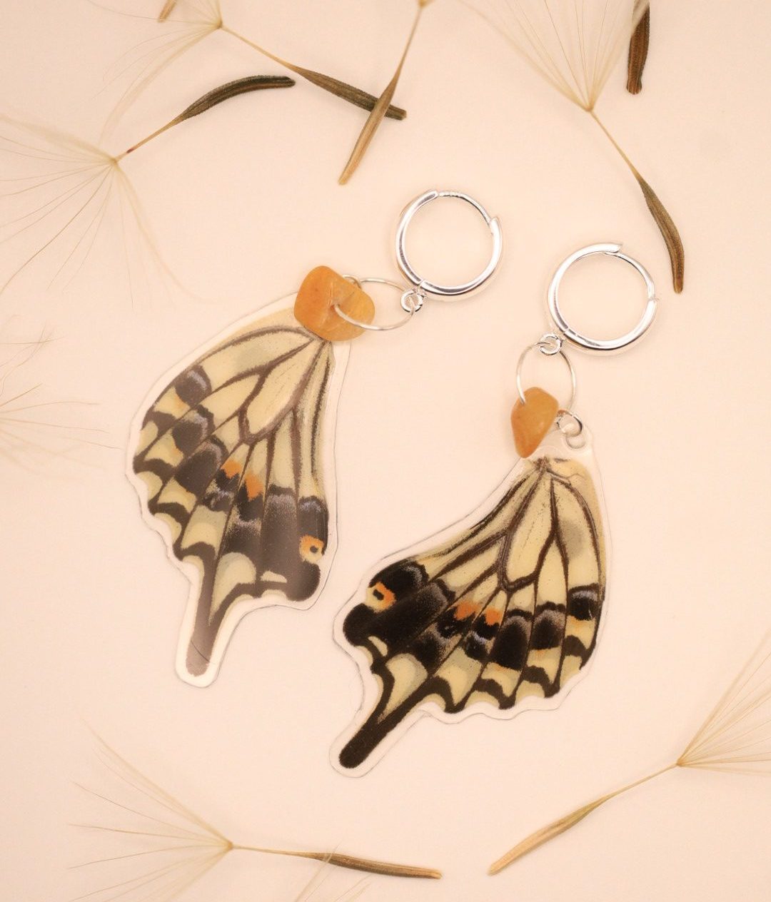 Earrings "Cream & Honey" - Handmade Sterling Silver, real Gemstone and Butterfly Wings