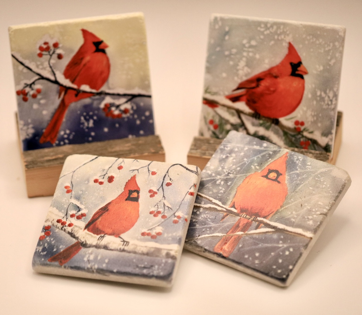 Narural Stone Art Coasters with Red Cardinals