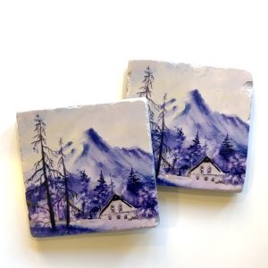 Natural Stone Art Coaster with Winter Chalet